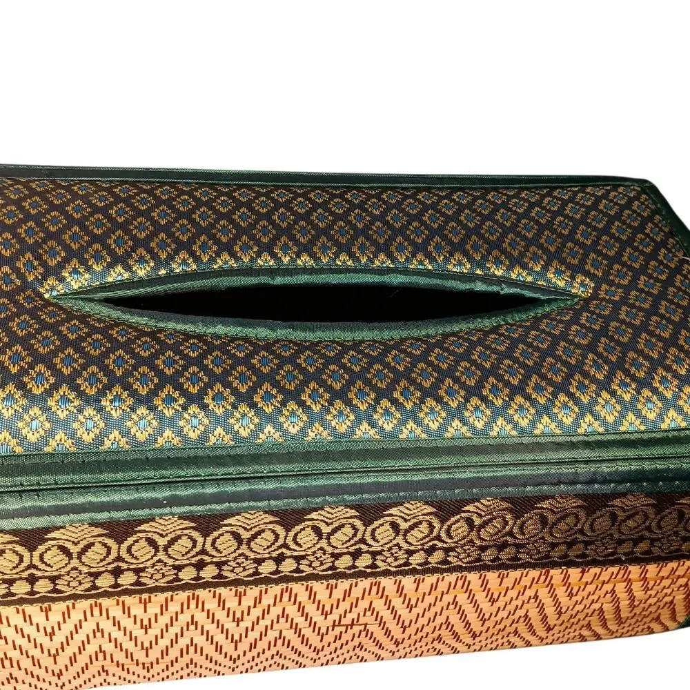 Handmade Woven Reed Tissue Box Holder Blue Green Brown Gold Rectangle Bohemian